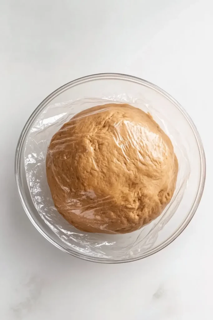 Cheesecake Factory brown bread dough rising in a glass bowl