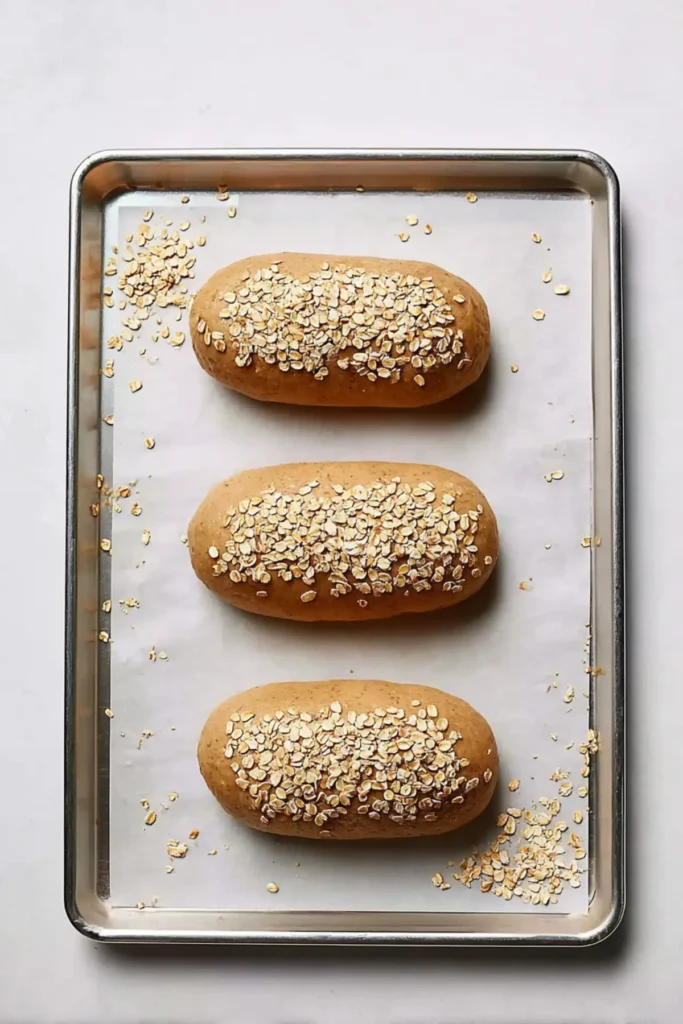 Unbaked Cheesecake Factory brown bread loaves topped with oats on a baking sheet