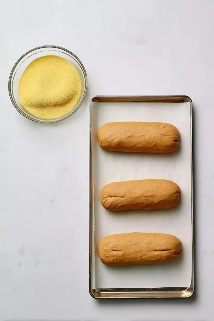Shaped Cheesecake Factory brown bread dough loaves on a tray next to cornmeal