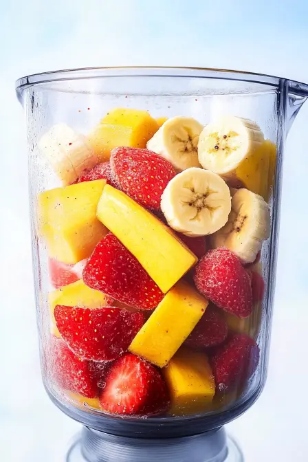 fresh strawberries, mango, and banana in blender jar for smoothie