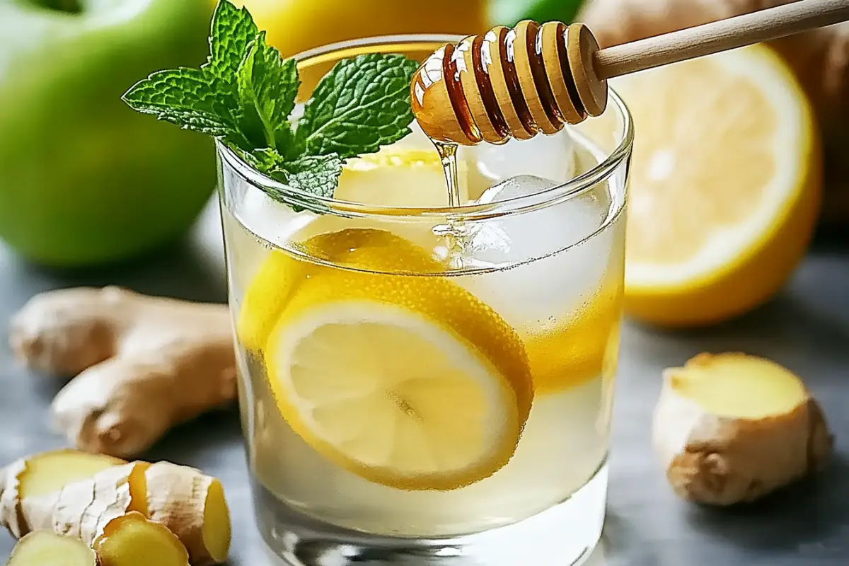 glass of lemon ginger detox drink with honey and mint for natural Mounjaro weight loss recipe