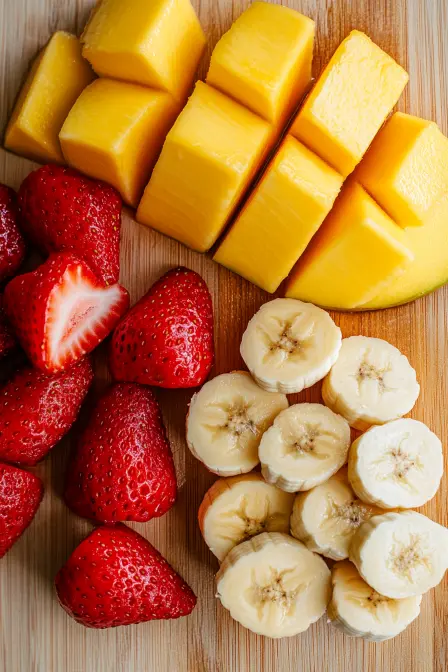sliced fruits for strawberry mango banana smoothie