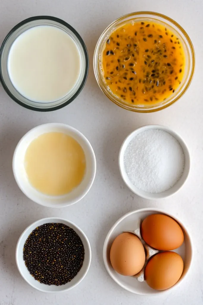 Ingredients for passion fruit ice cream in ceramic bowls