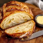 Golden croissant sourdough bread loaf sliced open on a wooden board