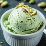 High protein pistachio ice cream in a white bowl topped with crushed pistachios