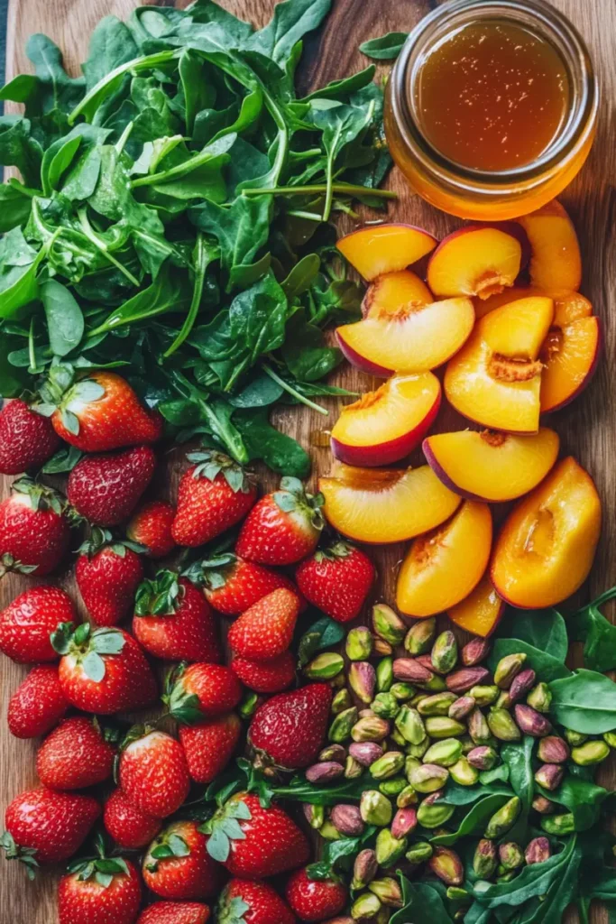 Ingredients for honey pistachio summer salad including spinach, strawberries, peaches, pistachios, and honey on a wooden board
