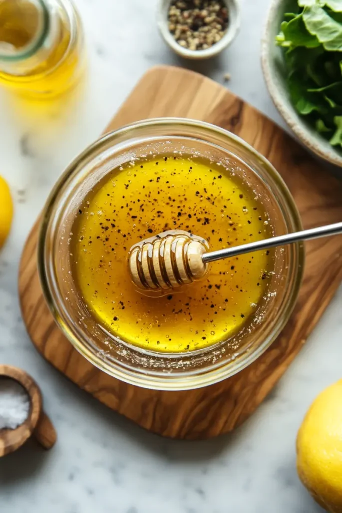 Close-up of homemade honey vinaigrette with black pepper in a glass jar