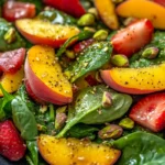 Fresh honey pistachio summer salad with spinach, peaches, strawberries, and pistachios