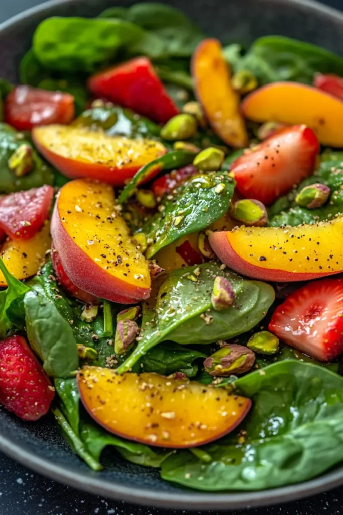 Fresh honey pistachio summer salad with spinach, peaches, strawberries, and pistachios