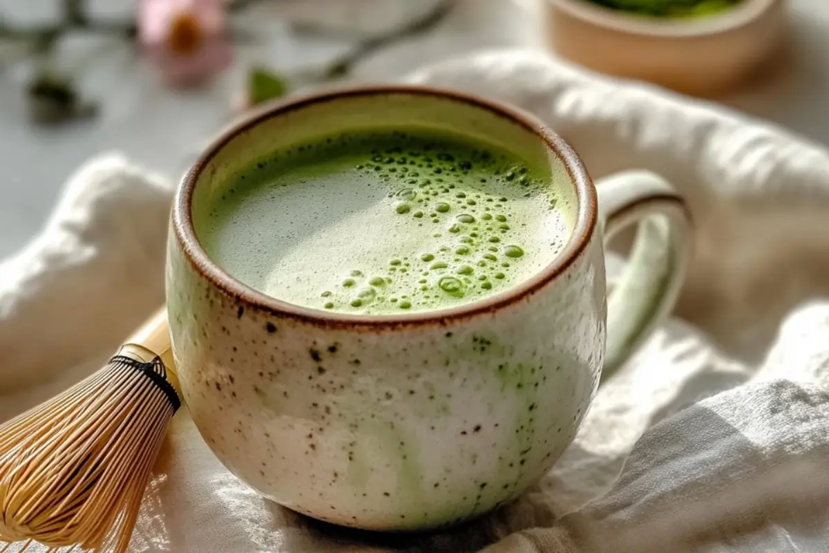 Japanese Mounjaro recipe drink served in a rustic ceramic mug with natural lighting and traditional Japanese bamboo whisk