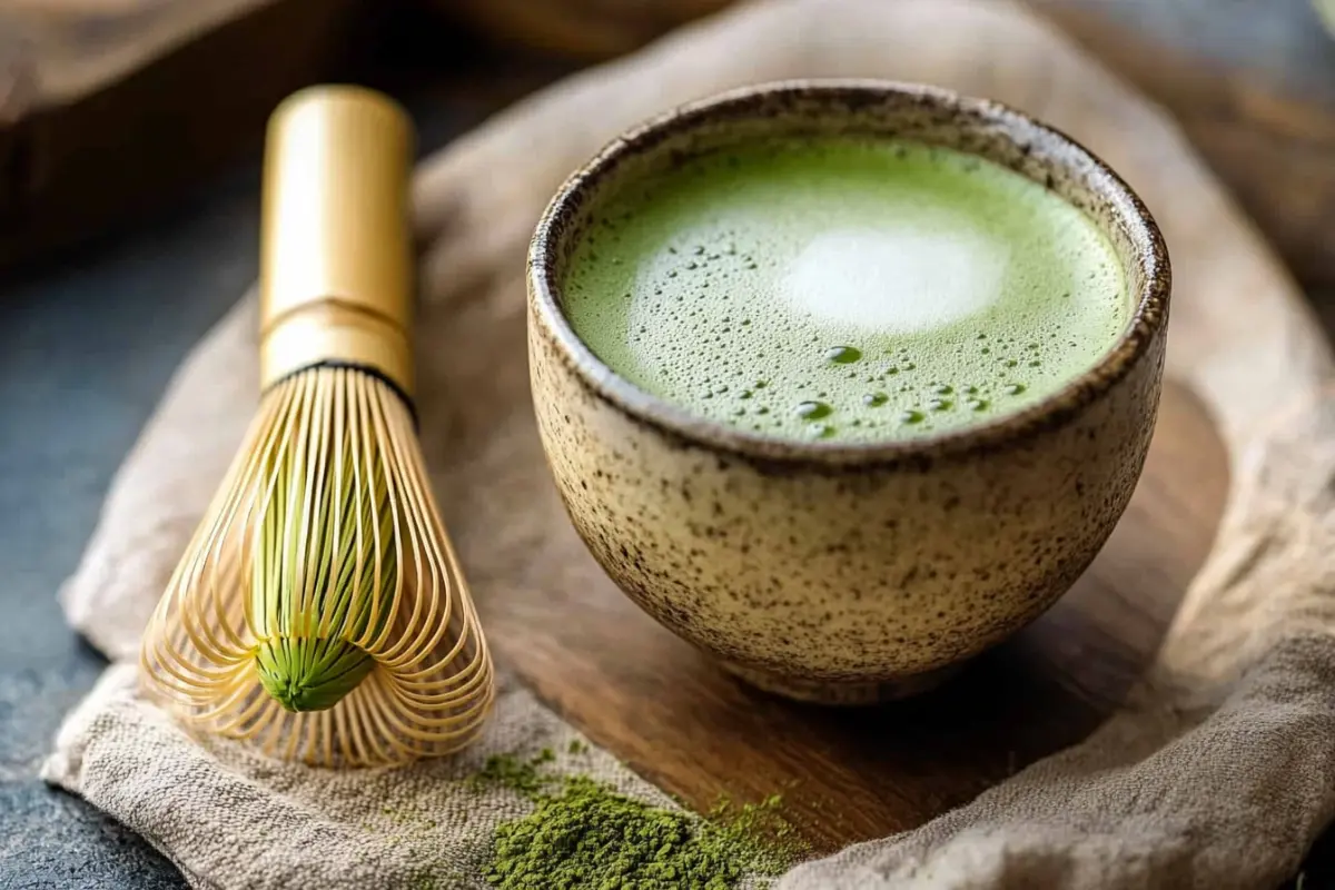 Japanese Mounjaro recipe matcha tea in ceramic cup with bamboo whisk