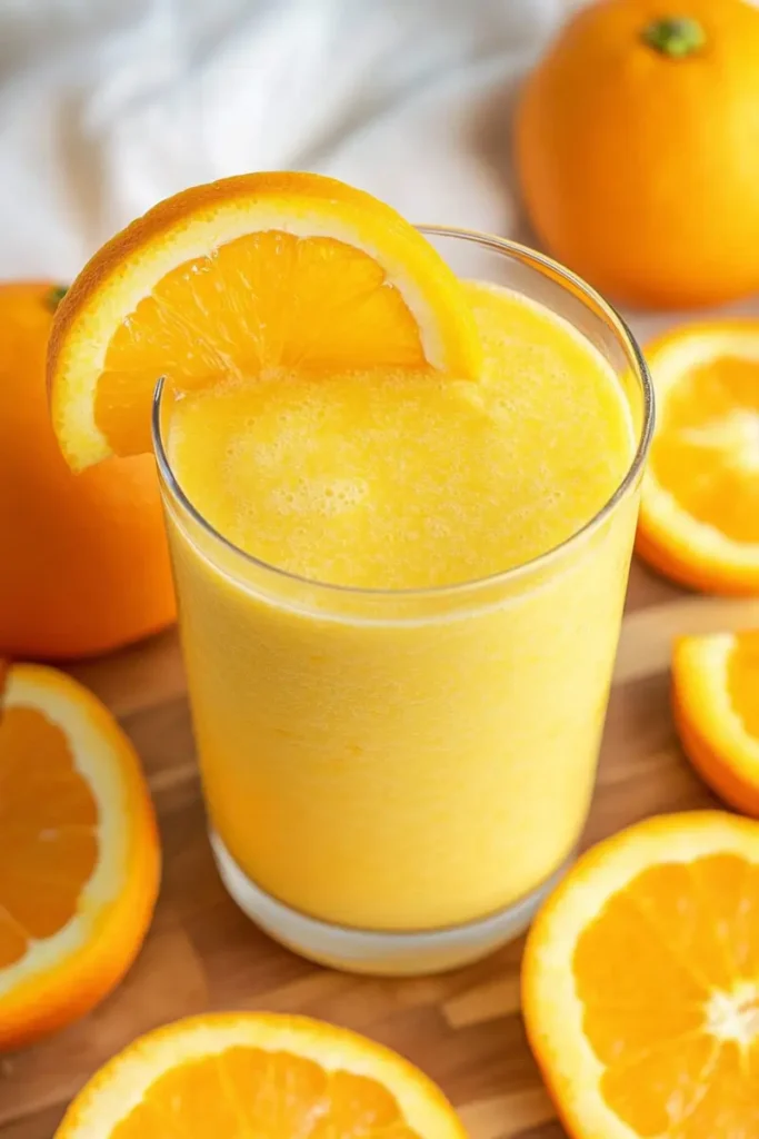 Mango Orange Creamsicle Smoothie in a clear glass with fresh orange slice
