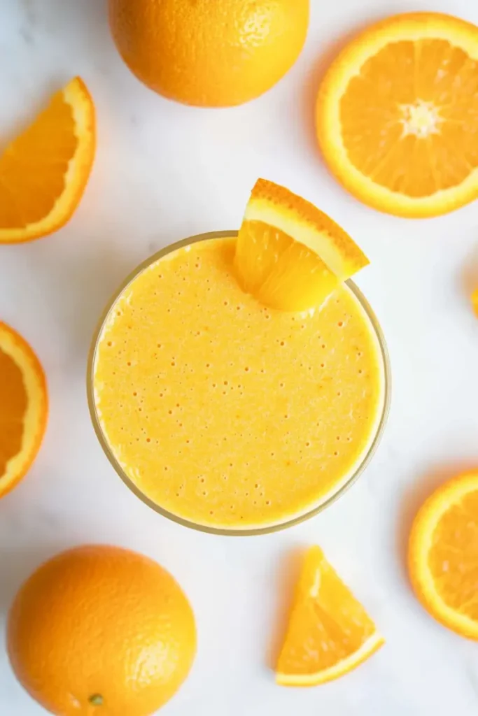Overhead view of Mango Orange Creamsicle Smoothie with orange slice