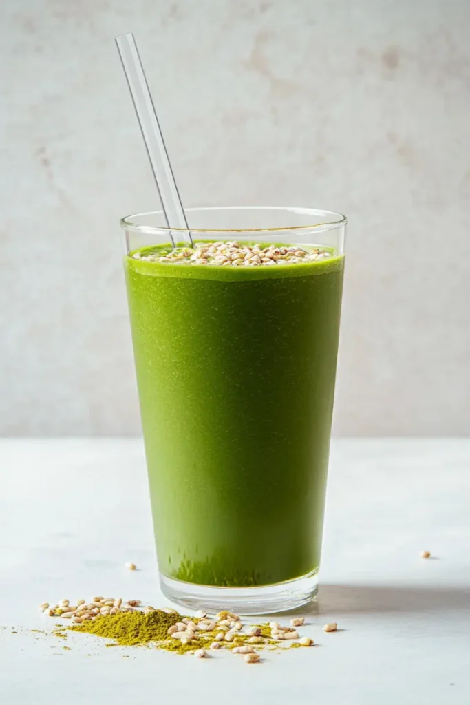 green matcha protein shake in a glass with puffed quinoa and matcha powder on white surface