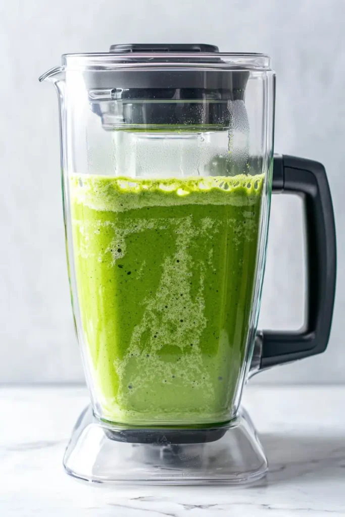 blended green matcha protein shake in a clear blender