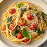 Meghan Markle spaghetti recipe with cherry tomatoes, spinach, and Parmesan cheese