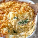 Wooden spoon lifting Monterey Chicken One Pan Orzo with cheese pull and crispy onions