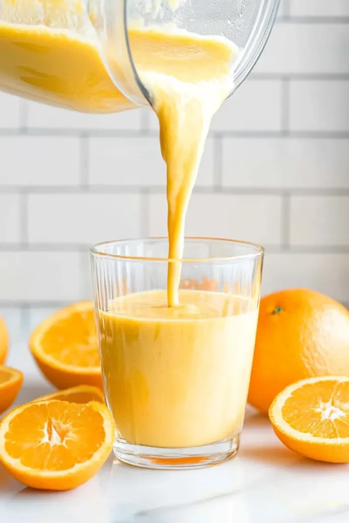 Pouring Mango Orange Creamsicle Smoothie from blender into glass