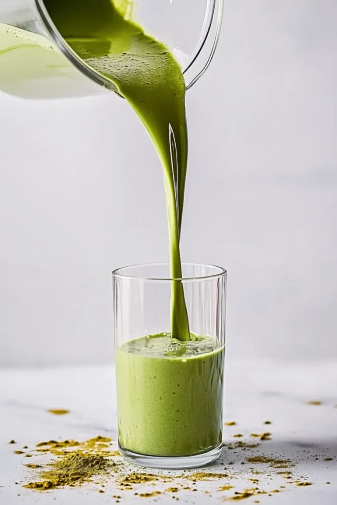 pouring green matcha protein shake into a glass on white surface