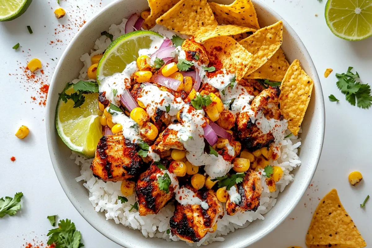 street corn chicken rice bowl with grilled chicken, elote corn, rice, lime, and cilantro
