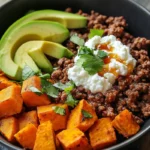 Viral sweet potato ground beef bowl with avocado and cottage cheese